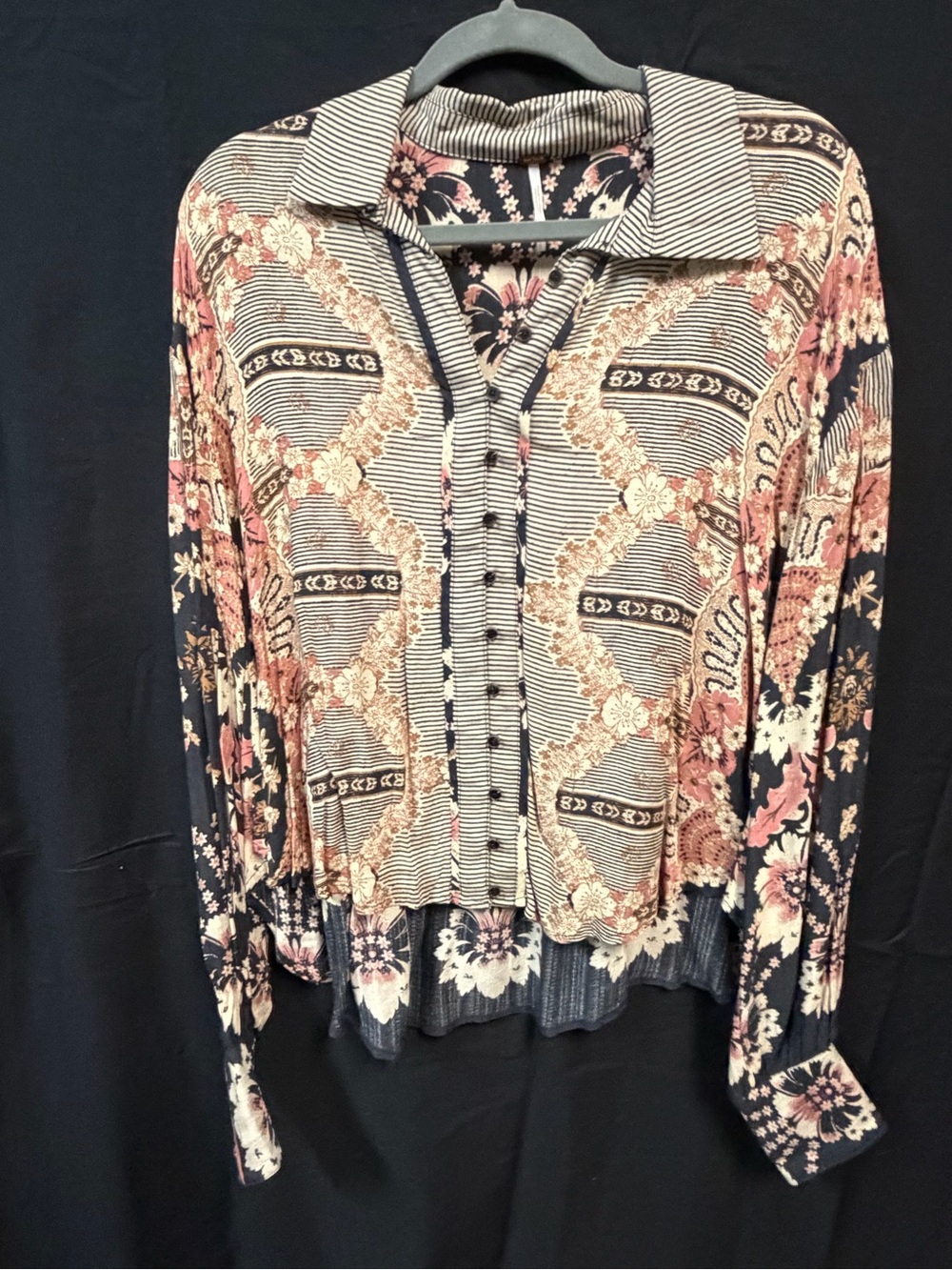 Free People Navy and Pink Floral-Stripe Button Down Shirt